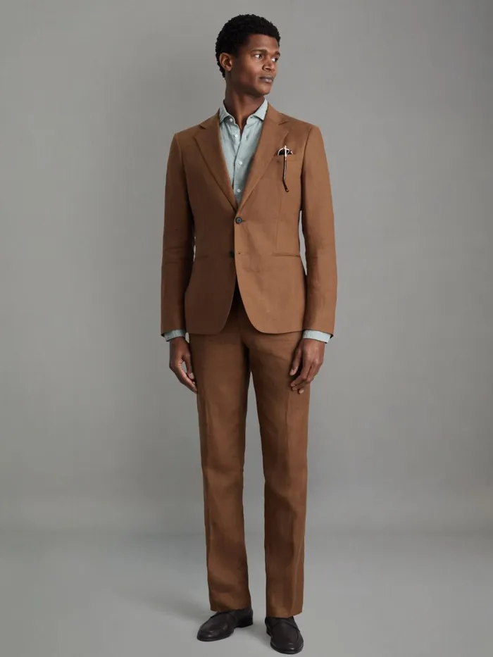 Men Reiss Suits and Tailoring Kin Slim Fit Single Breasted Linen Blazer Tobacco Brown