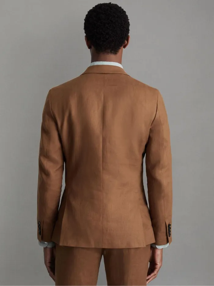 Men Reiss Suits and Tailoring Kin Slim Fit Single Breasted Linen Blazer Tobacco Brown