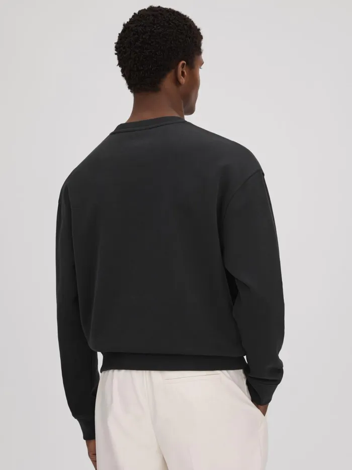 Men Reiss Sweats Hoodies and Joggers Alistar Cotton Crew Neck Sweatshirt Washed Black
