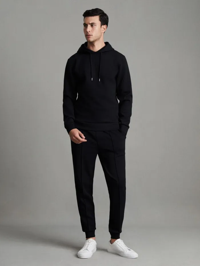 Men Reiss Sweats Hoodies and Joggers Fabien Interlock Jersey Drawstring Hoodie Navy
