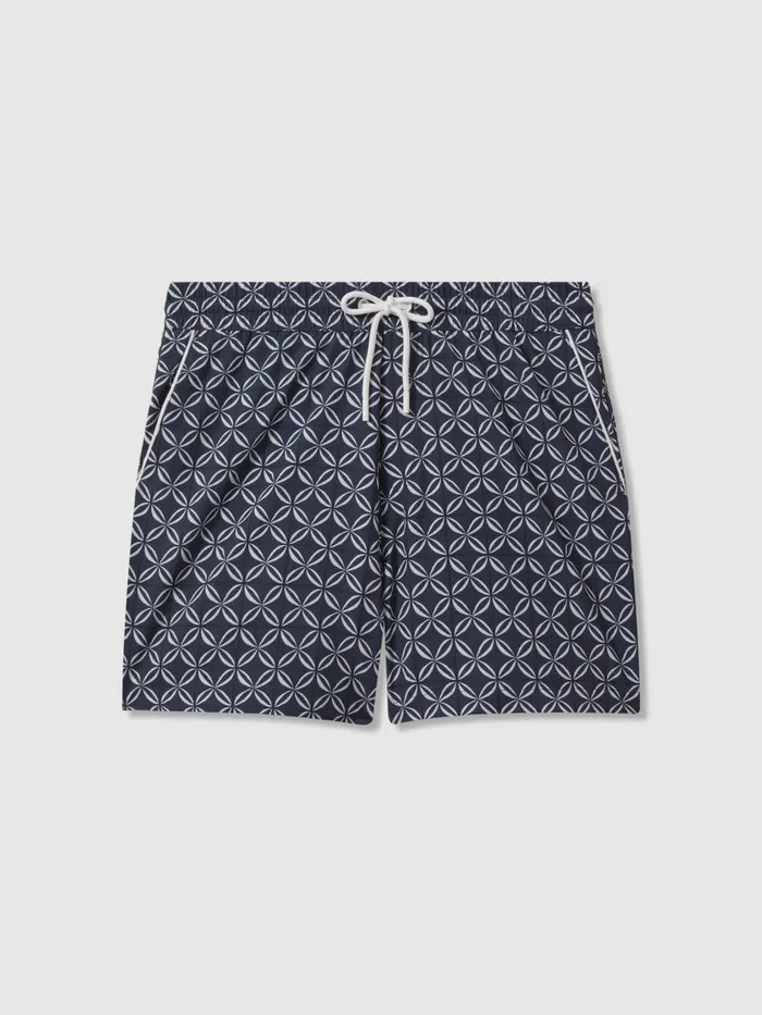 Men Reiss Swimwear Fraser Geometric Print Drawstring Swim Shorts Navywhite