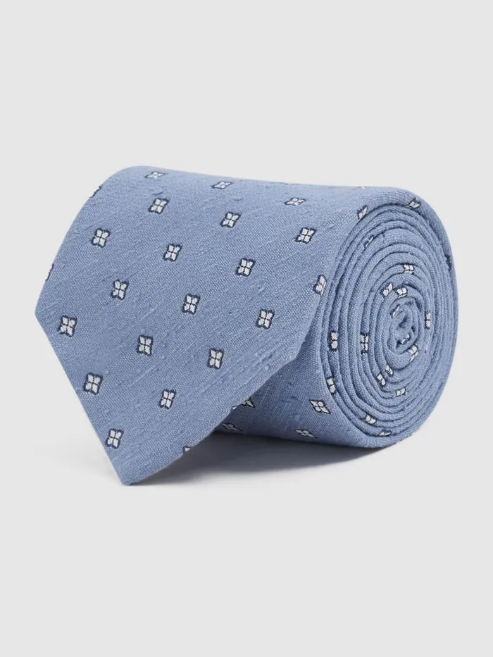 Men Reiss Ties and Pocket Squares Trevi Silk Blend Textured Floral Print Tie Sky Blue
