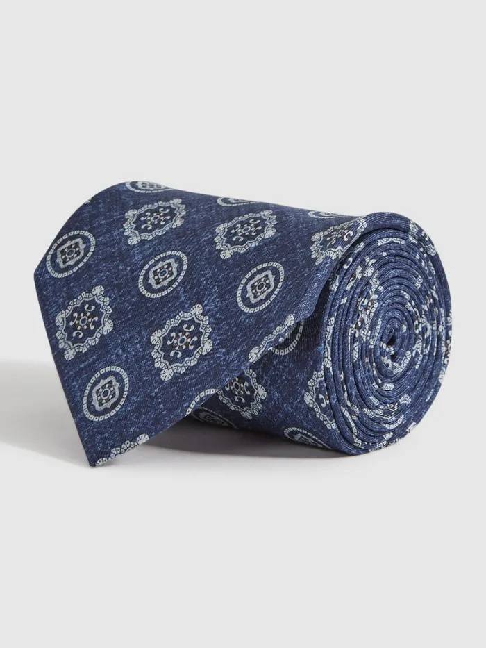 Men Reiss Ties and Pocket Squares Vasari Silk Medallion Print Tie Indigo Melange