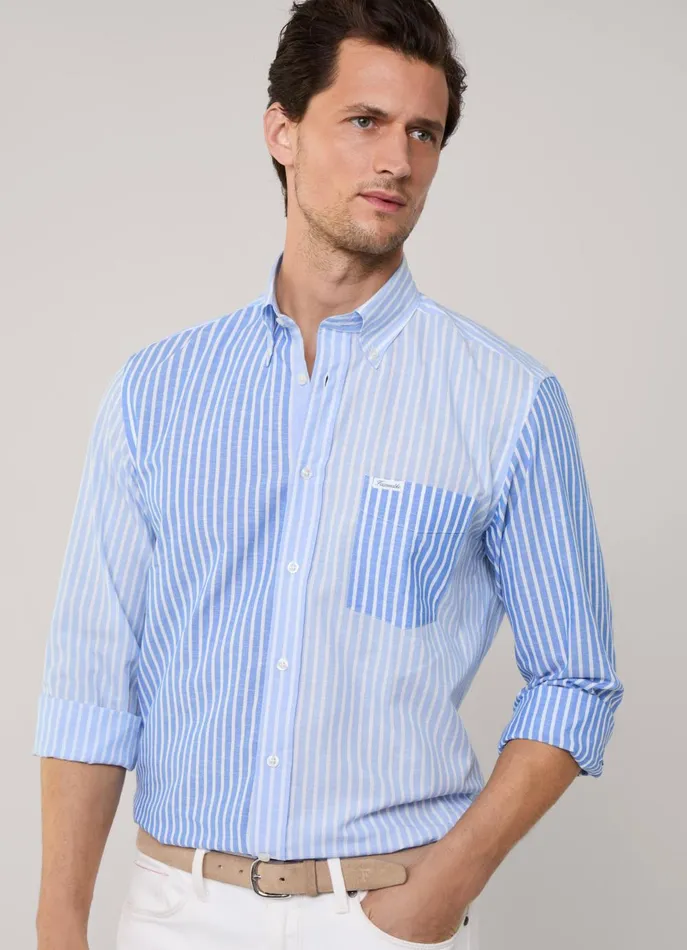 Men Shirts Faonnable Regular Fit Striped Cotton Linen Shirt Horizon Blue