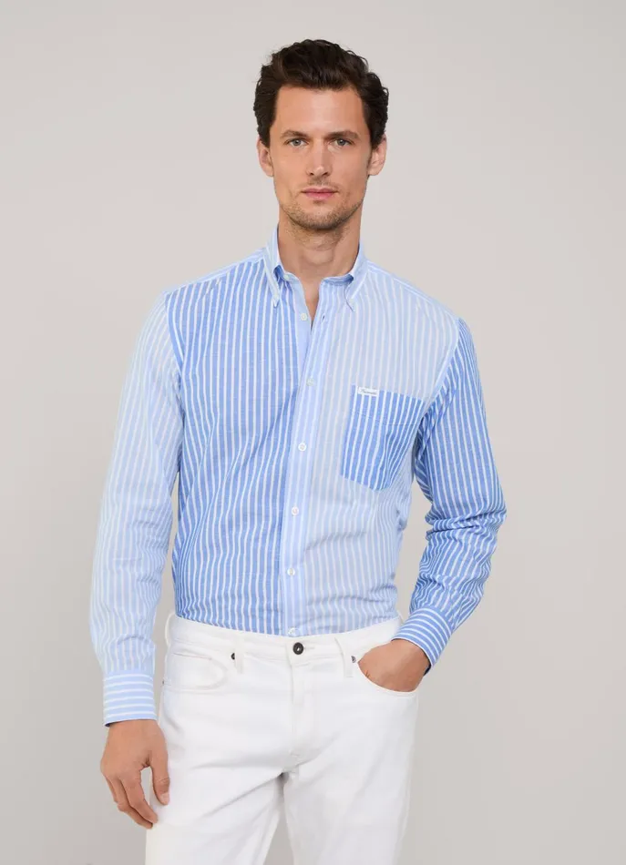 Men Shirts Faonnable Regular Fit Striped Cotton Linen Shirt Horizon Blue