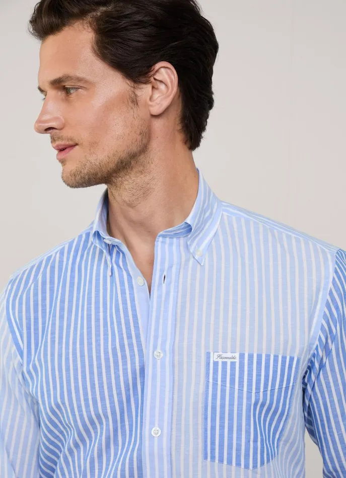 Men Shirts Faonnable Regular Fit Striped Cotton Linen Shirt Horizon Blue
