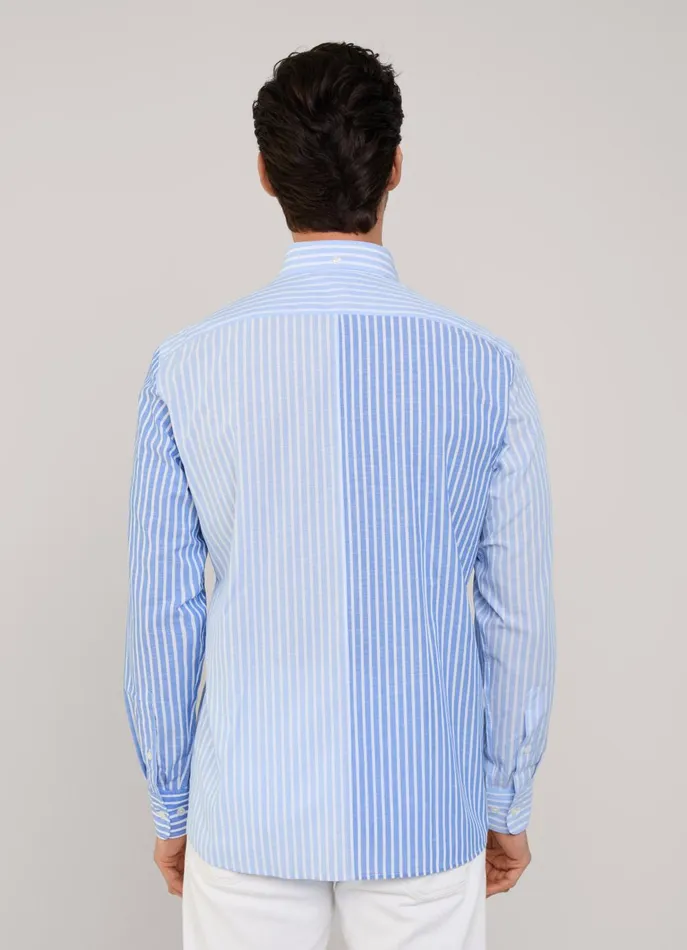 Men Shirts Faonnable Regular Fit Striped Cotton Linen Shirt Horizon Blue