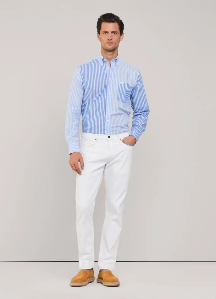 Men Shirts Faonnable Regular Fit Striped Cotton Linen Shirt Horizon Blue