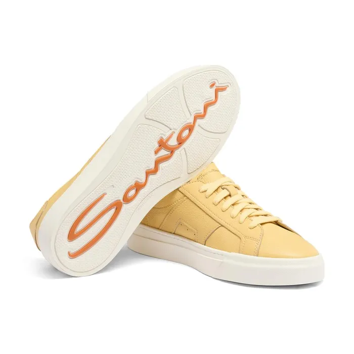 Men Yellow Tumbled Leather Double Buckle Sneaker Santoni Sneakers