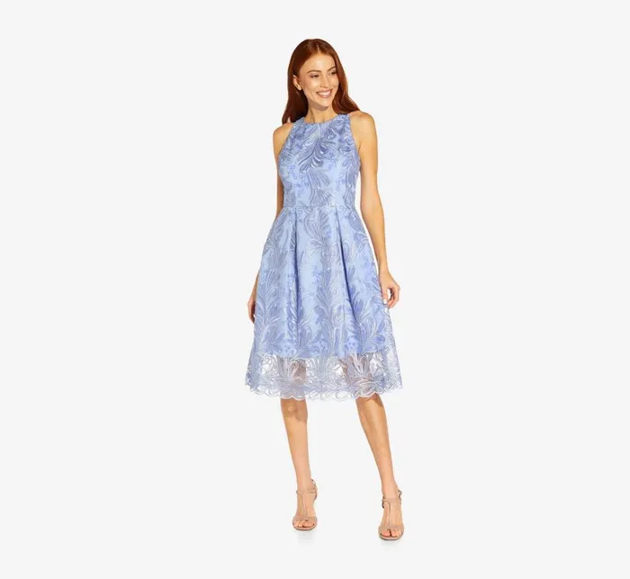 Midi Dresses Womens Adrianna Papell Embroidered Illusion MidiLength FitAndFlare Dress In Light Peri