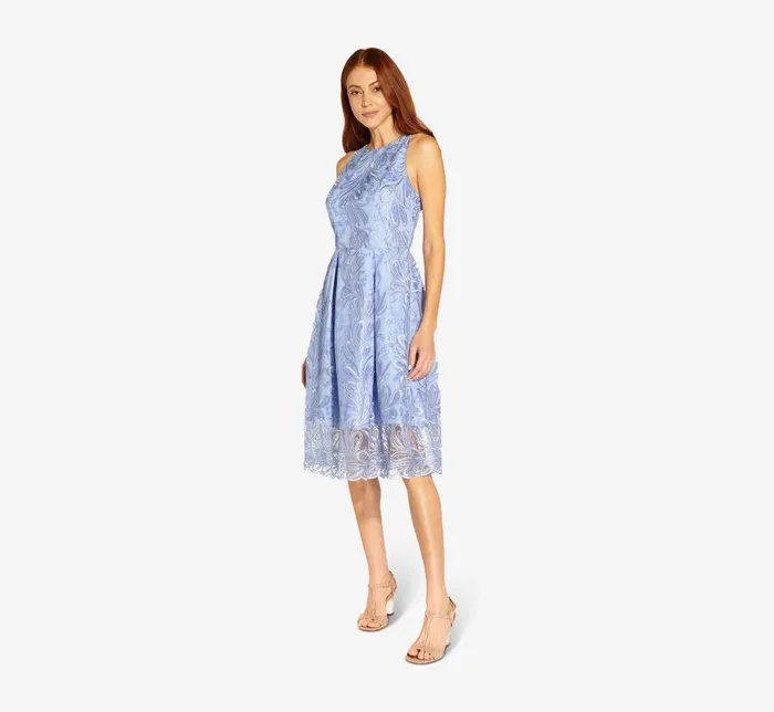 Midi Dresses Womens Adrianna Papell Embroidered Illusion MidiLength FitAndFlare Dress In Light Peri