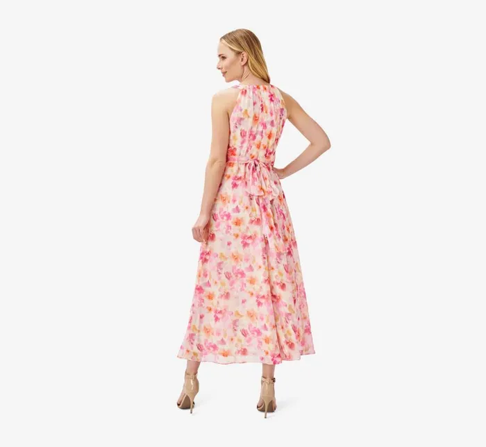 Midi Dresses Womens Adrianna Papell FloralPrint Chiffon MidiLength FitAndFlare Halter Dress In Pink Multi