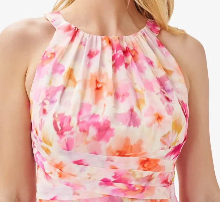 Midi Dresses Womens Adrianna Papell FloralPrint Chiffon MidiLength FitAndFlare Halter Dress In Pink Multi