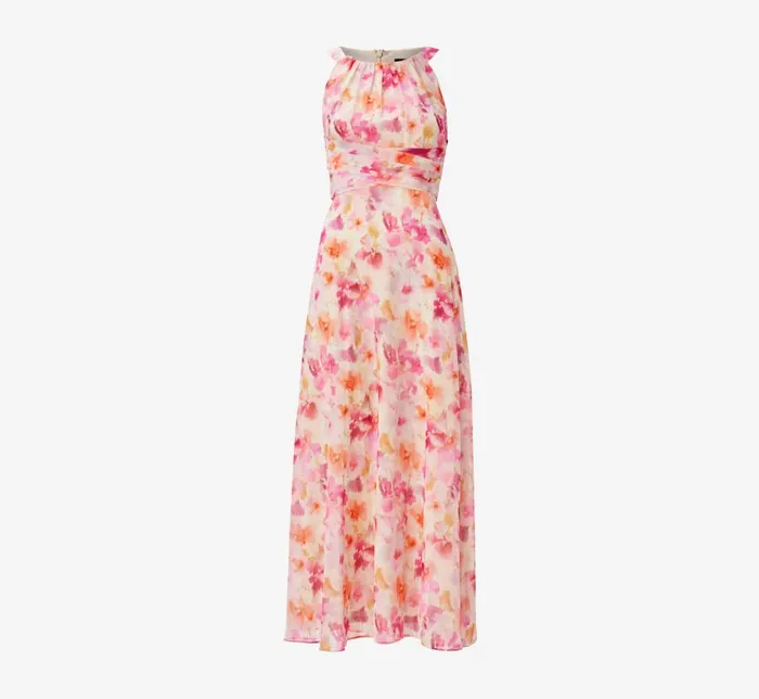 Midi Dresses Womens Adrianna Papell FloralPrint Chiffon MidiLength FitAndFlare Halter Dress In Pink Multi