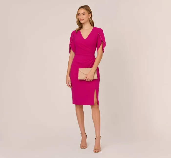 Midi Dresses Womens Adrianna Papell Pearl Embellished Knit Crepe Sheath Dress In Hot Orchid