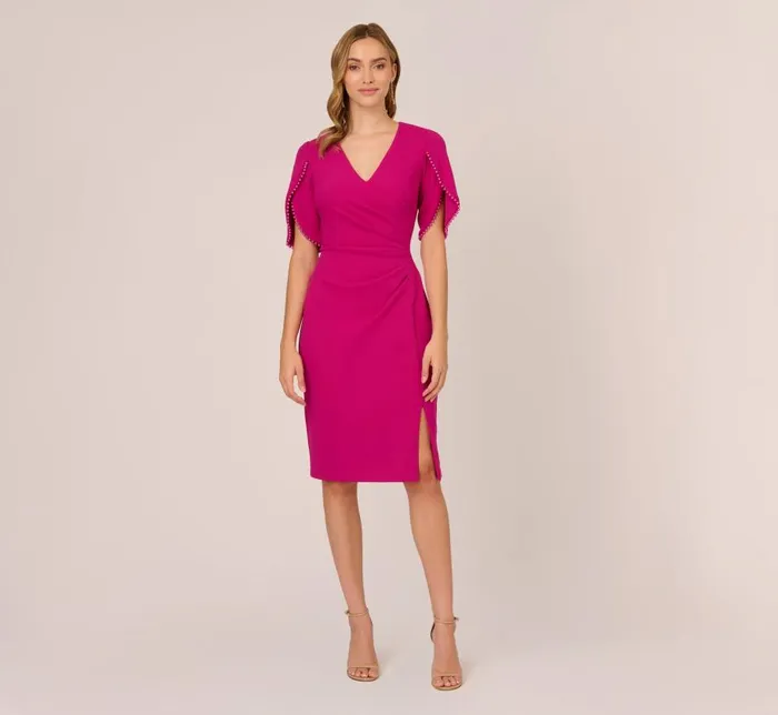 Midi Dresses Womens Adrianna Papell Pearl Embellished Knit Crepe Sheath Dress In Hot Orchid