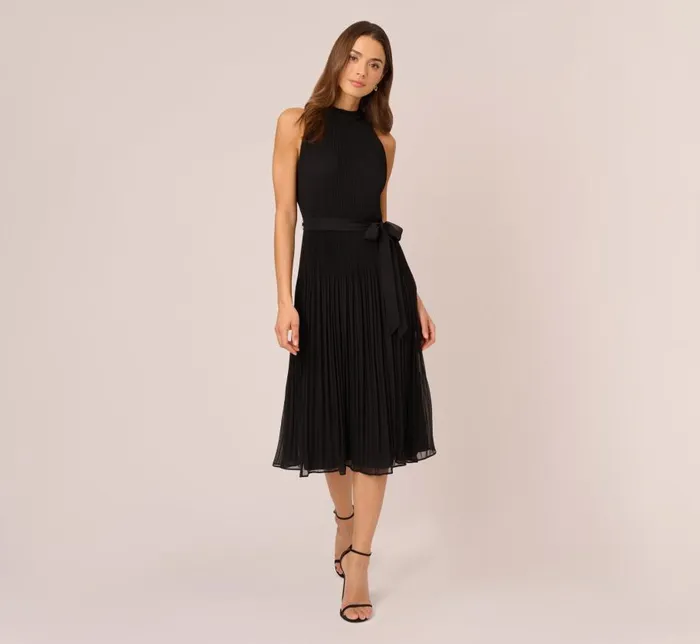 Midi Dresses Womens Adrianna Papell Pleated Sleeveless Chiffon Dress With Tie Waist In Black Midi Dresses Womens Adrianna Papell Pleated Sleeveless Chiffon Dress With Tie Waist In Black