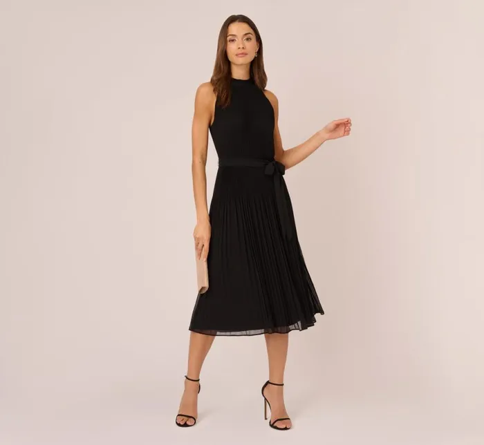 Midi Dresses Womens Adrianna Papell Pleated Sleeveless Chiffon Dress With Tie Waist In Black