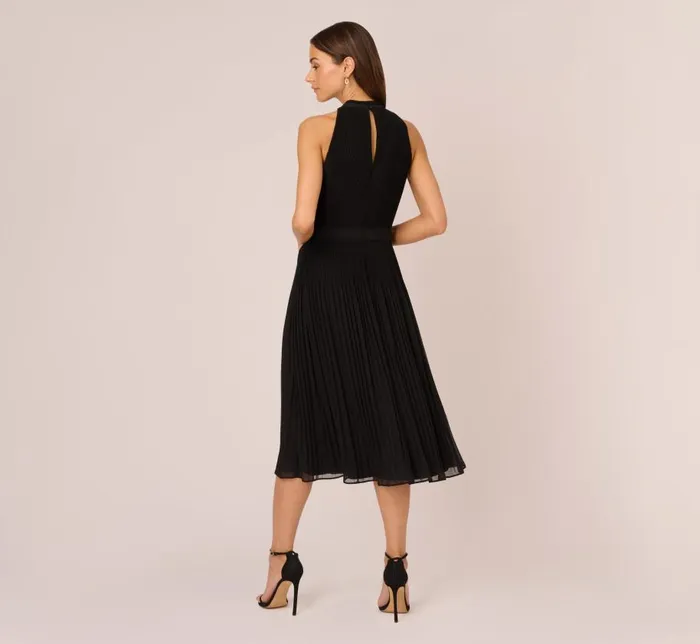 Midi Dresses Womens Adrianna Papell Pleated Sleeveless Chiffon Dress With Tie Waist In Black
