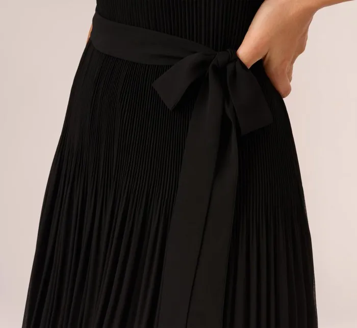 Midi Dresses Womens Adrianna Papell Pleated Sleeveless Chiffon Dress With Tie Waist In Black