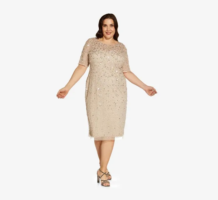 Midi Dresses Womens Adrianna Papell Plus Size Beaded Cocktail Dress In Biscotti