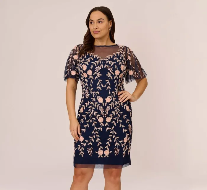 Midi Dresses Womens Adrianna Papell Plus Size Floral Beaded Dress With Sheer Flutter Sleeves In Navy Blush Midi Dresses Womens Adrianna Papell Plus Size Floral Beaded Dress With Sheer Flutter Sleeves In Navy Blush