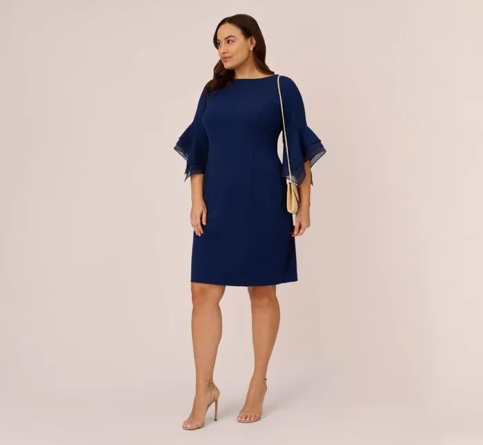 Midi Dresses Womens Adrianna Papell Plus Size Knit Crepe And Organza Tiered Sleeve Dress In Navy Sateen