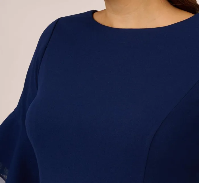 Midi Dresses Womens Adrianna Papell Plus Size Knit Crepe And Organza Tiered Sleeve Dress In Navy Sateen