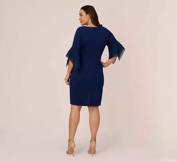 Midi Dresses Womens Adrianna Papell Plus Size Knit Crepe And Organza Tiered Sleeve Dress In Navy Sateen