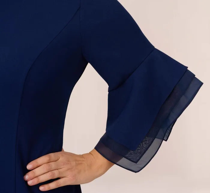 Midi Dresses Womens Adrianna Papell Plus Size Knit Crepe And Organza Tiered Sleeve Dress In Navy Sateen