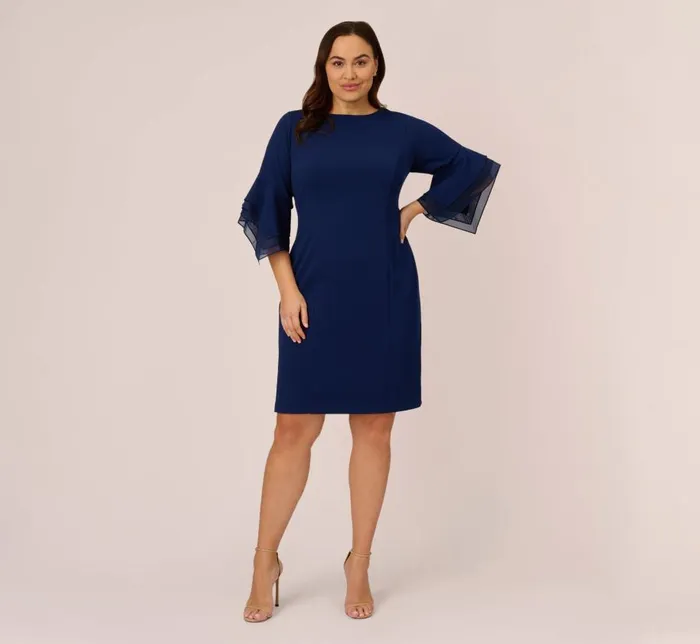 Midi Dresses Womens Adrianna Papell Plus Size Knit Crepe And Organza Tiered Sleeve Dress In Navy Sateen
