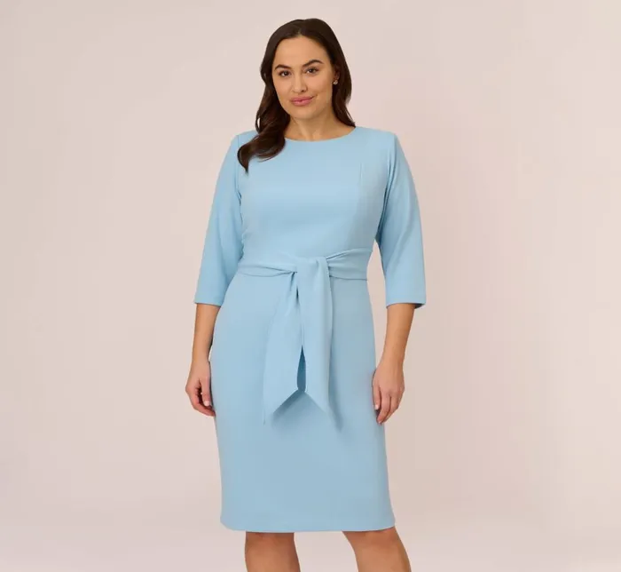 Midi Dresses Womens Adrianna Papell Plus Size Knit Crepe Bow Sheath Dress With Three Quarter Sleeves In Blue Mist Midi Dresses Womens Adrianna Papell Plus Size Knit Crepe Bow Sheath Dress With Three Quarter Sleeves In Blue Mist