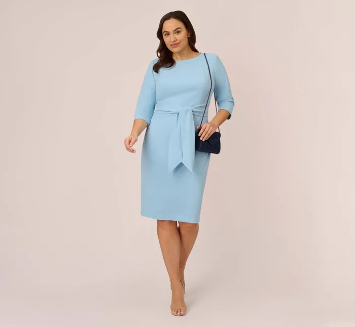 Midi Dresses Womens Adrianna Papell Plus Size Knit Crepe Bow Sheath Dress With Three Quarter Sleeves In Blue Mist