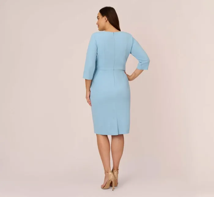 Midi Dresses Womens Adrianna Papell Plus Size Knit Crepe Bow Sheath Dress With Three Quarter Sleeves In Blue Mist