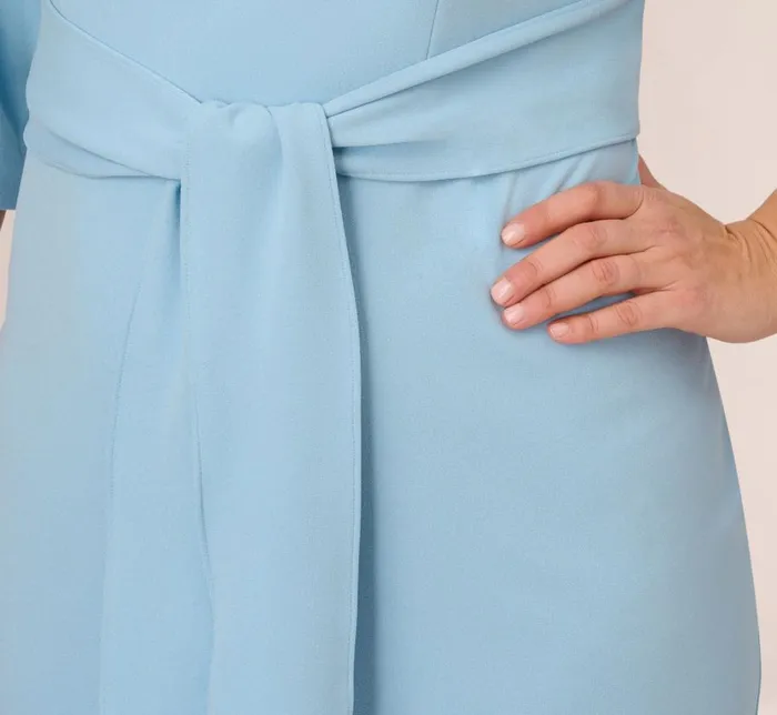 Midi Dresses Womens Adrianna Papell Plus Size Knit Crepe Bow Sheath Dress With Three Quarter Sleeves In Blue Mist