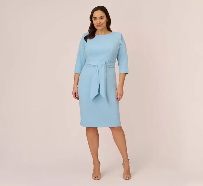 Midi Dresses Womens Adrianna Papell Plus Size Knit Crepe Bow Sheath Dress With Three Quarter Sleeves In Blue Mist