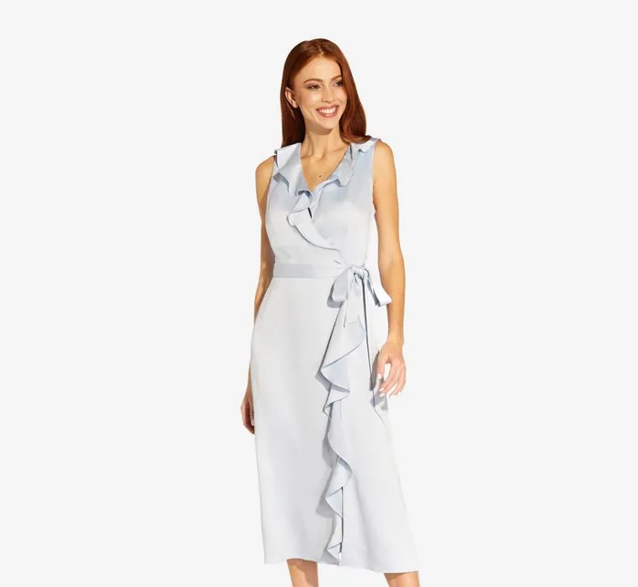 Midi Dresses Womens Adrianna Papell Satin Crepe MidiLength Ruffled Faux Wrap Dress In Opal Midi Dresses Womens Adrianna Papell Satin Crepe MidiLength Ruffled Faux Wrap Dress In Opal