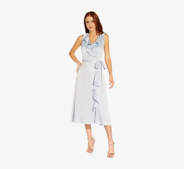 Midi Dresses Womens Adrianna Papell Satin Crepe MidiLength Ruffled Faux Wrap Dress In Opal