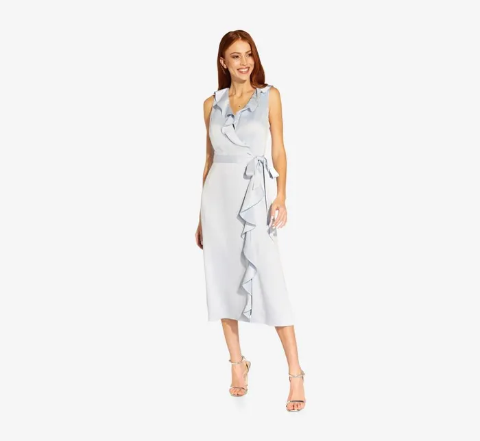 Midi Dresses Womens Adrianna Papell Satin Crepe MidiLength Ruffled Faux Wrap Dress In Opal