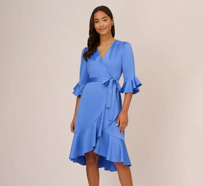 Midi Dresses Womens Adrianna Papell Satin Faux Wrap Dress With Ruffled ThreeQuarter Sleeves In Precious Peri Midi Dresses Womens Adrianna Papell Satin Faux Wrap Dress With Ruffled ThreeQuarter Sleeves In Precious Peri
