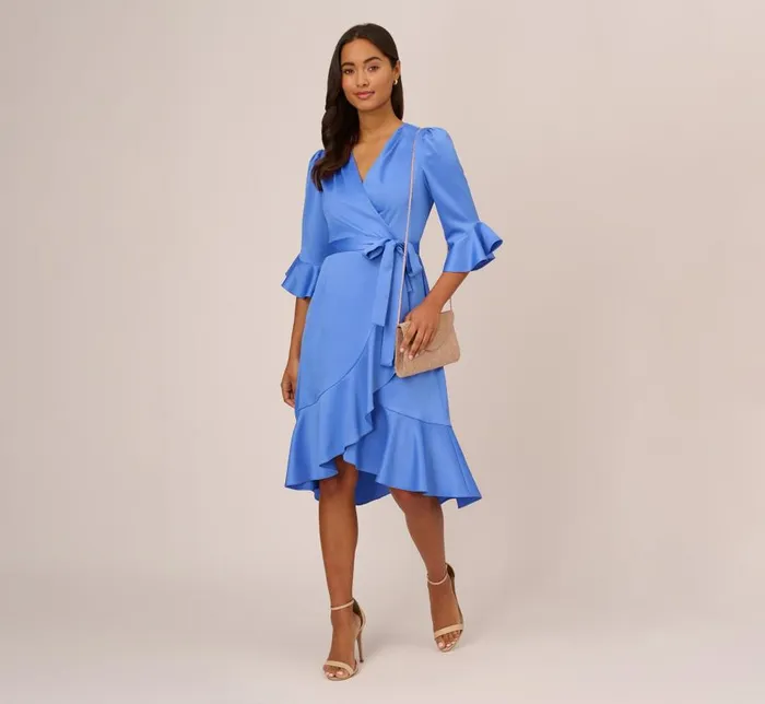 Midi Dresses Womens Adrianna Papell Satin Faux Wrap Dress With Ruffled ThreeQuarter Sleeves In Precious Peri