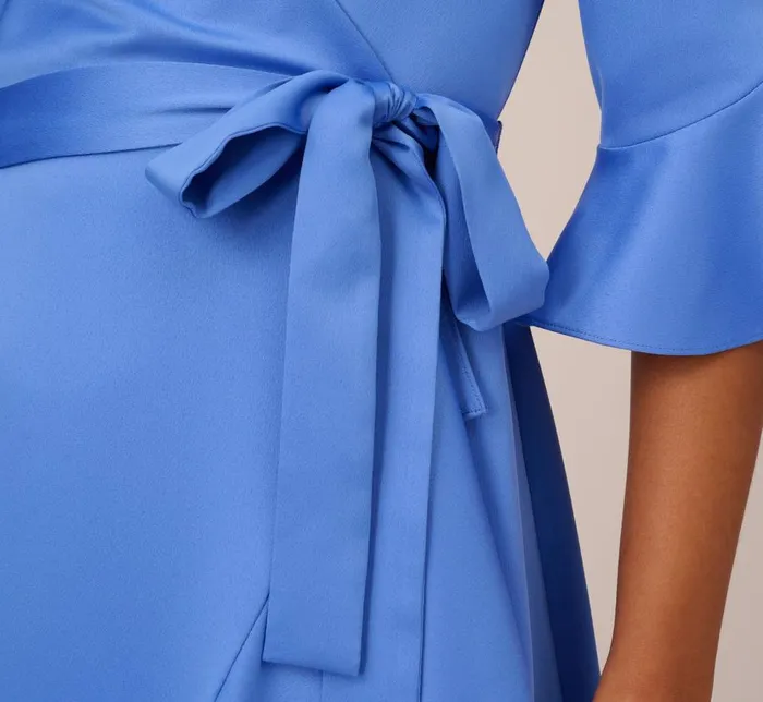 Midi Dresses Womens Adrianna Papell Satin Faux Wrap Dress With Ruffled ThreeQuarter Sleeves In Precious Peri