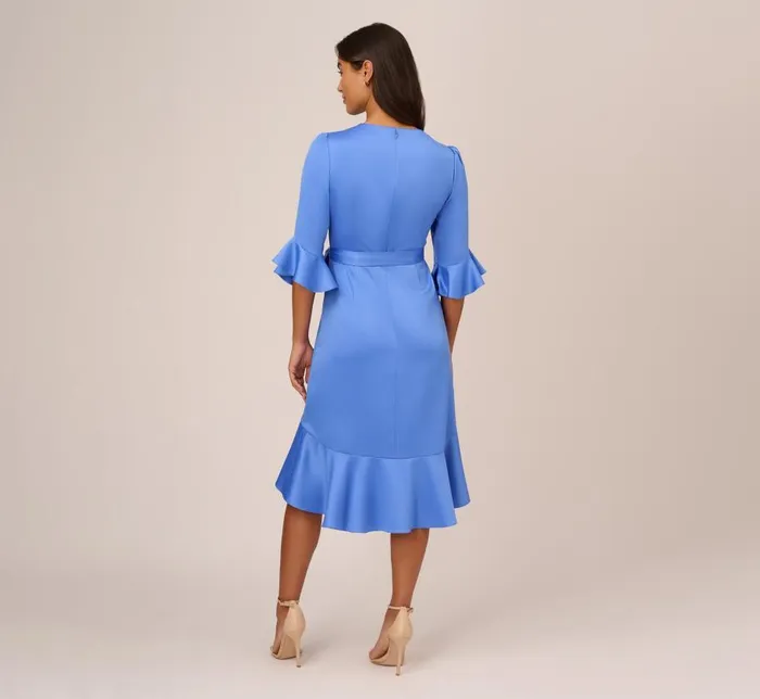 Midi Dresses Womens Adrianna Papell Satin Faux Wrap Dress With Ruffled ThreeQuarter Sleeves In Precious Peri