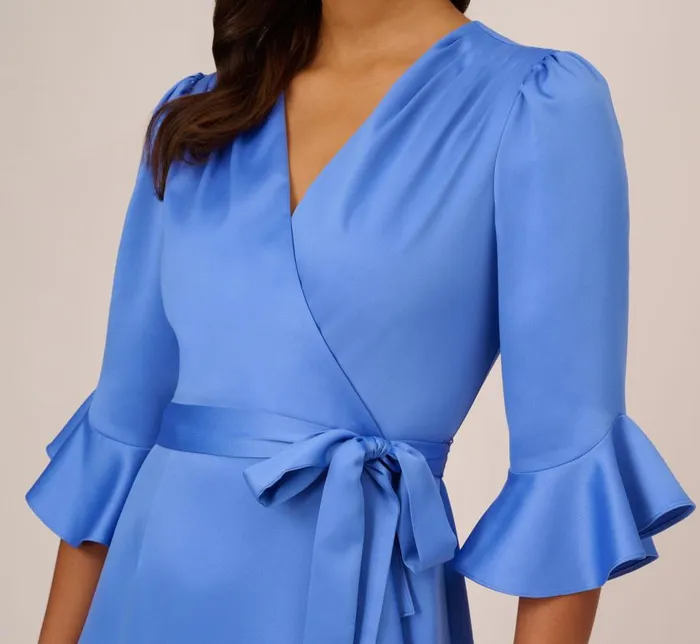 Midi Dresses Womens Adrianna Papell Satin Faux Wrap Dress With Ruffled ThreeQuarter Sleeves In Precious Peri
