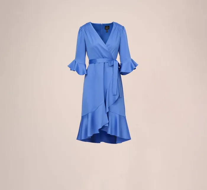 Midi Dresses Womens Adrianna Papell Satin Faux Wrap Dress With Ruffled ThreeQuarter Sleeves In Precious Peri