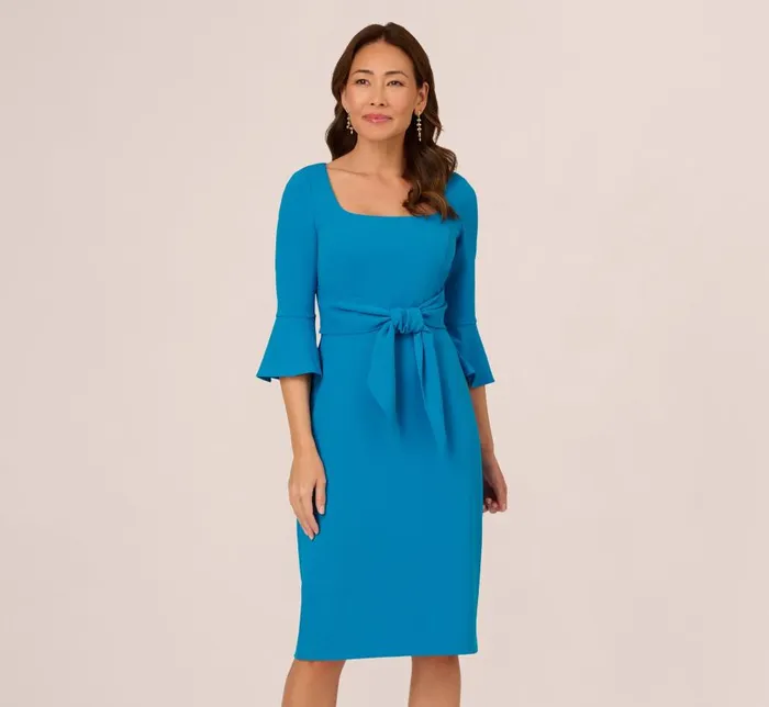 Midi Dresses Womens Adrianna Papell Stretch Knit Crepe TieFront MidiLength Sheath Dress In Deep Cerulean Midi Dresses Womens Adrianna Papell Stretch Knit Crepe TieFront MidiLength Sheath Dress In Deep Cerulean