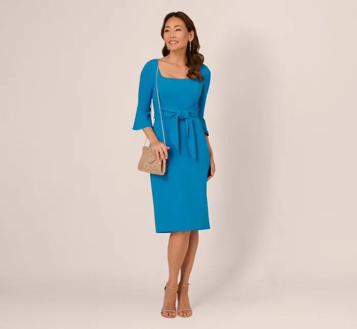 Midi Dresses Womens Adrianna Papell Stretch Knit Crepe TieFront MidiLength Sheath Dress In Deep Cerulean