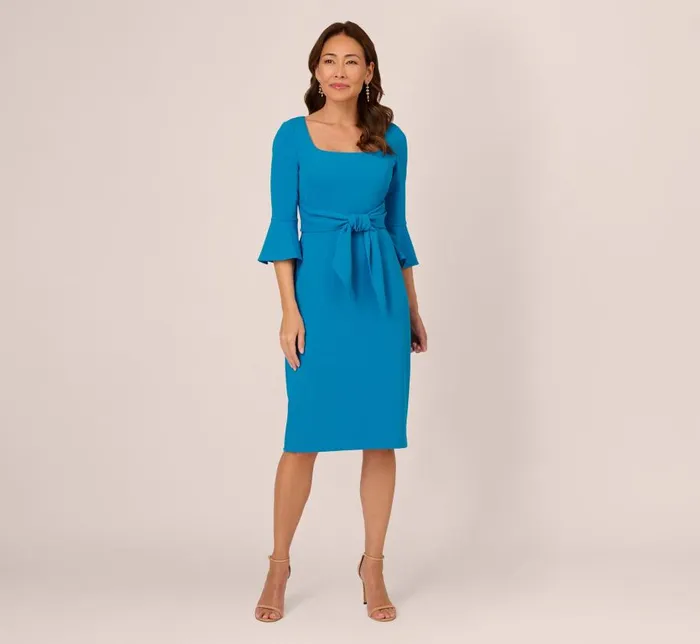 Midi Dresses Womens Adrianna Papell Stretch Knit Crepe TieFront MidiLength Sheath Dress In Deep Cerulean
