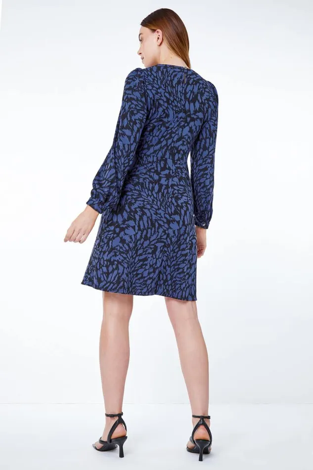 Midnight Blue Animal Print Jacquard Dress Women Roman Dresses