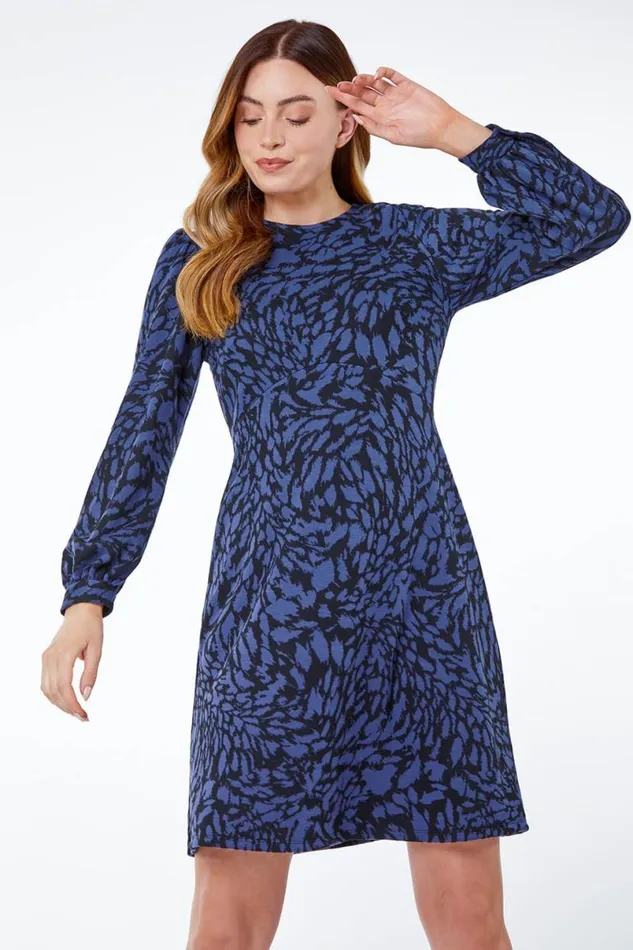 Midnight Blue Animal Print Jacquard Dress Women Roman Dresses